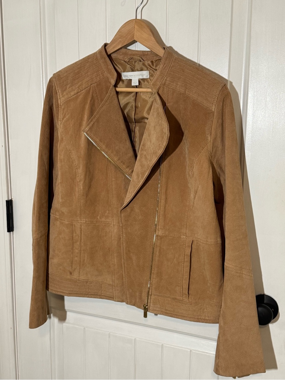 New York & Company Suede Moto Jacket in Tan - Picture 2 of 9